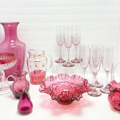 Cranberry Glass: Vases, Ruffle Edge Bowl & Basket, Champagne Flutes & More