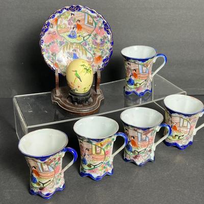 Vintage Asian Chocolate Cups With Cobalt & Gold Accents & Painted Egg