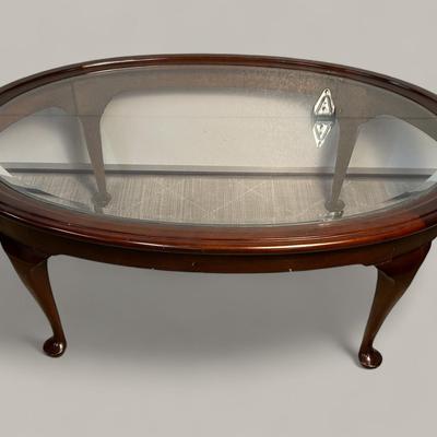 Oval Wood Queen Anne Style Glass Top Coffee Table - 45x31x12”