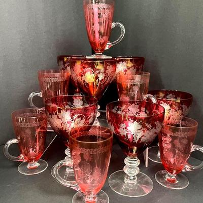 Vintage Bryce Indiana Glass Ivy Water Goblets And Etched Cranberry Toddy Cups