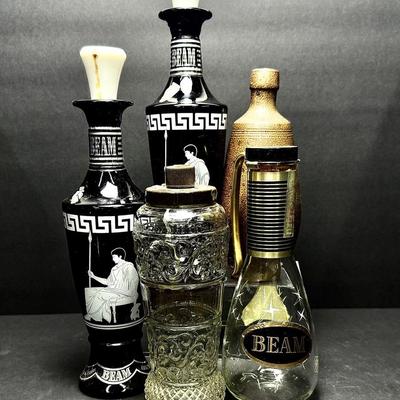 Mid Century Jim Beam Decanters Including Carafe & Roman Style, Plus Portuguese Stoneware Bottle