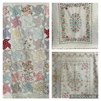 Vintage Spool Patchwork Quilt And Cross Stitch Decorated Blankets