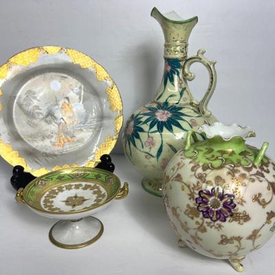 Vintage Asian Ewer, Vase, Plate And Pedestal Dish