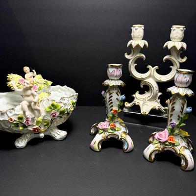 Meissen Porcelain Centerpiece Bowl, KPM & Hutschenreuther Candle Holders