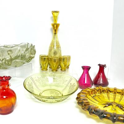 Vintage & Mid Century Glass: 1937 Heavy Presentation Bowl, Amber Decanter Set, Ashtray & More