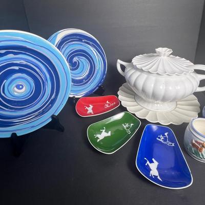 Vintage California Pottery Tureen, Mid Century Horse Dishes, Child's Mug, More Ceramics