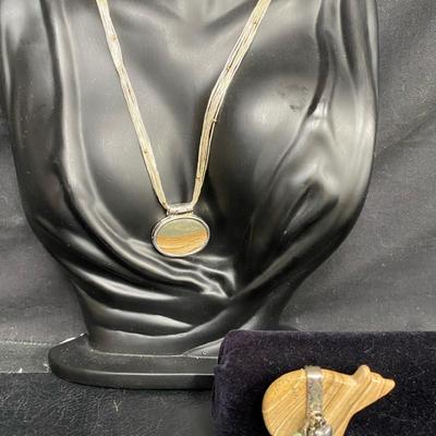 Carolyn Pollack Sterling Picture Jasper Pendant on Liquid Silver Chain w/Pin