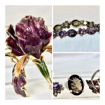 Kirks Folly, RARE Purple Iris Fairy Pin & Sterling Rings 