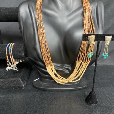 Stunning Multi-strand Sterling Necklace w/Turquoise Accents, Multi-gem Bracelet, Turquoise Earrings
