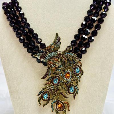 HEIDI DAUS "Peacock Alley" Multi-Strand Crystal Beaded Peacock Necklace