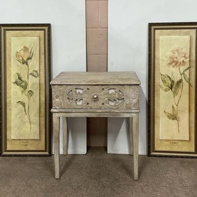 Single Drawer Rustic Nightstand & Two Floral Framed Prints