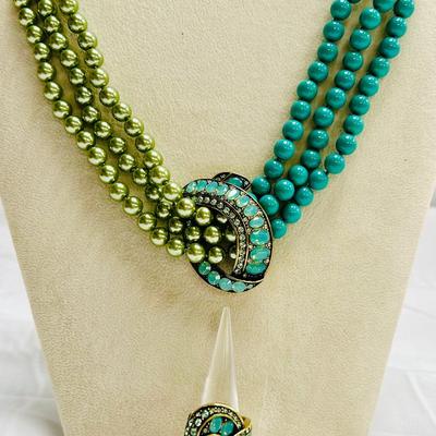 Heidi Daus Three Strand Green & Turquoise Beaded Knot Necklace w/Ring