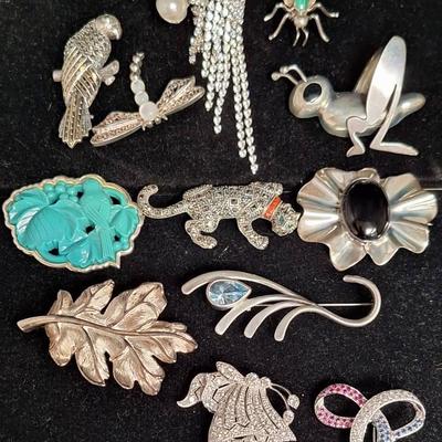 13 Vintage Sterling Silver Brooches