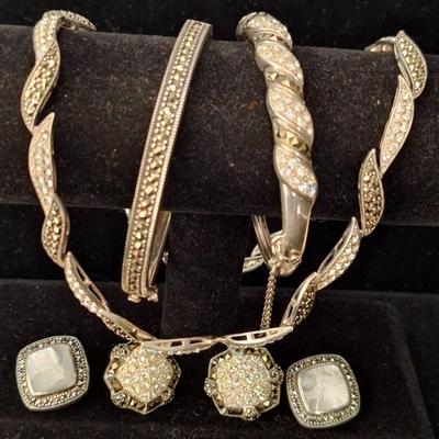 Vintage Sterling Silver Marcasite Leaf Necklace, 2 Hinged Bangels, & 2 Clip On Earrings 