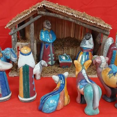 South African Raku Daigne Nativity Scene w Stable