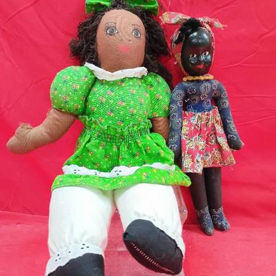 Vintage Calico Green Dress Doll W/ Antique Cloth Doll