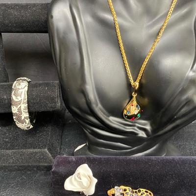 Kenneth Jay Lane Bangle, Two Pins, and a Necklace