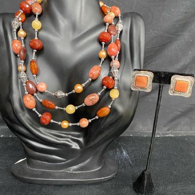 Carolyn Pollack Sterling Carnelian, Quartzite and Cultured Pearl Necklace w/Earrings
