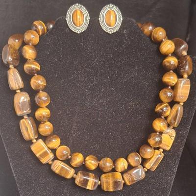 2 Sterling Silver Tiger's Eye Necklace And Clip On Earrings 