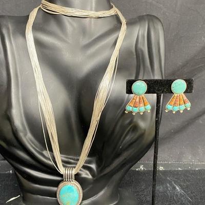 Sterling Carolyn Pollack Turquoise Pendant on Liquid Sterling Chain w/Turquoise EarringsJewelry