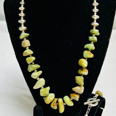 Sterling & Green Turquoise Necklace & Bracelet, Pin, Ring