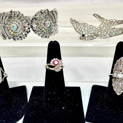 Kirks Folly Peacock Feather Bracelet, Crystal Bird & Sterling Rings 