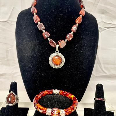 Sterling Silver And Natural Gemstone Necklace & Rings 