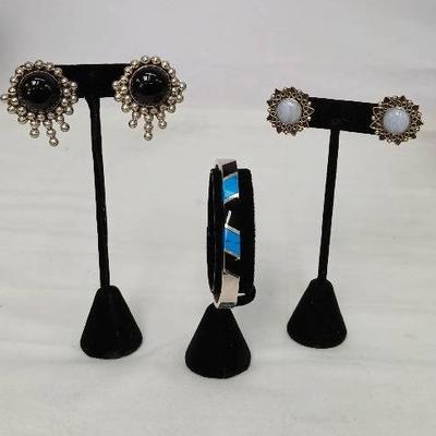 Sterling Silver Jewelry - Earrings & Inlaid Bracelet 