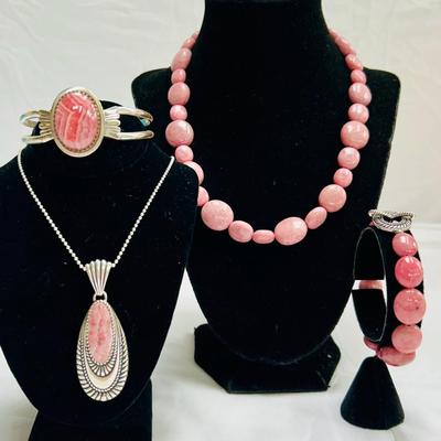 Carolyn Pollack Sterling Rhodonite Pebble Necklace, Pendant, Cuff