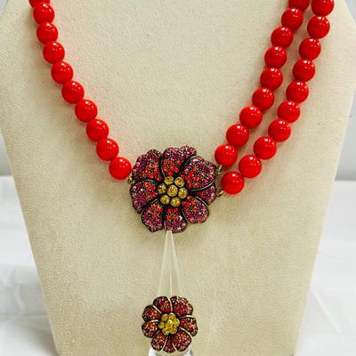 Heidi Daus Asymetrical Necklace & Ring w/Red Pink Yellow Crystal Flower