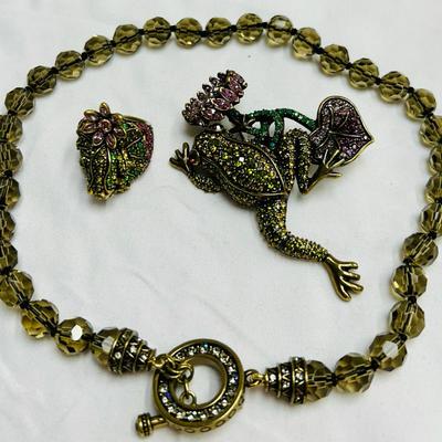 HEIDI DAUS Frog Pin, Matching Ring &Faceted Crystal Necklace