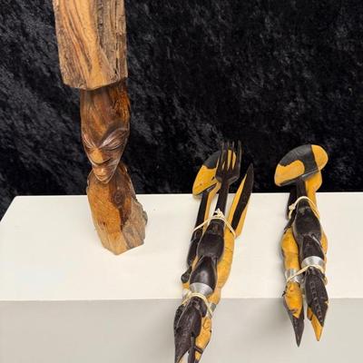 Vintage Wood Carved African Tribal Figurine and 2 Vintage Besmo African Wood Utensils 