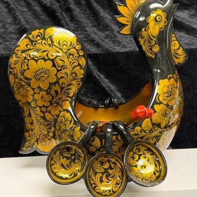 Vintage Russian Lacquer Ware Chicken Bowl / Plinch Bowl and 6 x Cups