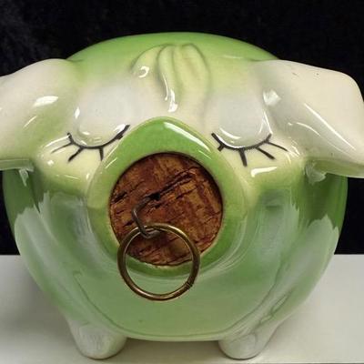 Vintage Green Hull Pottery Corky Pig original cork and ring Piggy Bank