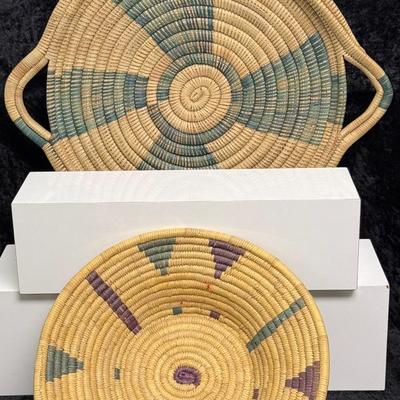 Vintage Handwoven Serving Tray and Coiled Basket