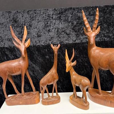 Vintage Hand Carved African Deer, Antelope, Gazelle and Giraffe 
