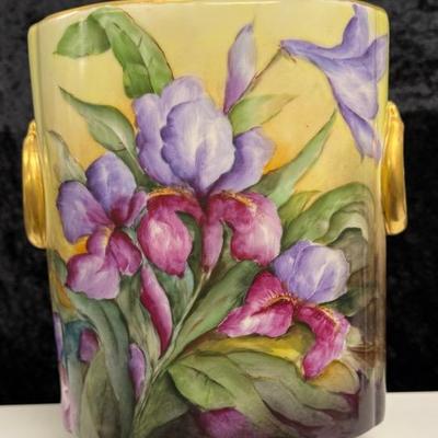 Antique W. Guerin Limoges Cache Pot Vase Hand Painted Floral Gold Trim Desk