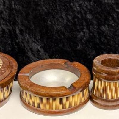 Vintage Olive Wood Porcupine Quill Wood Box With Lid, Ashtray, Toothpick Holder, Match Box