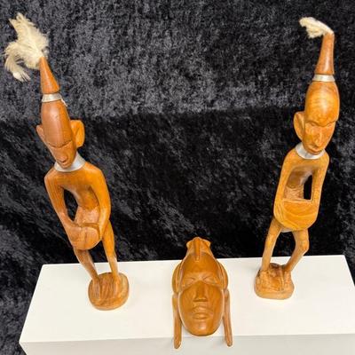 African Carved Wood Figurine And Vintage Hand Carved Wall Hanging