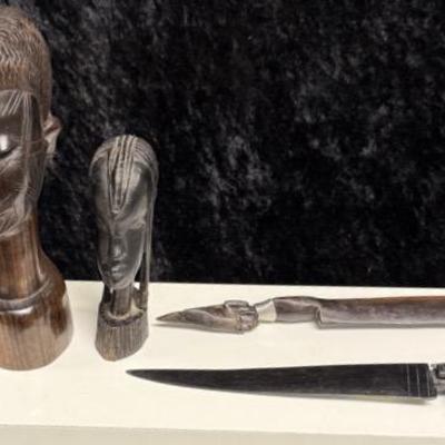Vintage Hand Carved African Tribal  Heads,  Wall Plaque And Letter Openers