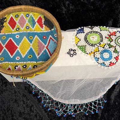 Vintage Woven African Bowl, Beautiful Beaded Tribal Doilies   