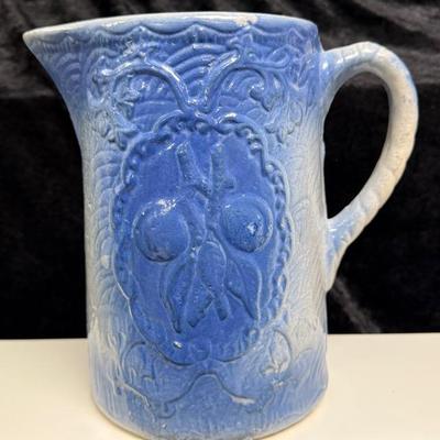 Antique Salt Glazed Blue White Stoneware Pitcher Embossed Cherry Apricot