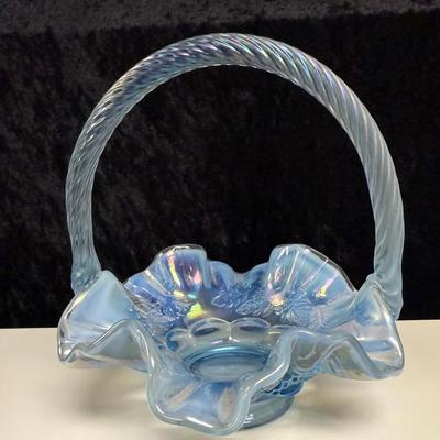 Fenton Art Glass Iridescent Aquamarine Ruffled Basket w/ Spiral