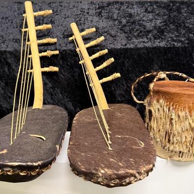 Stringed Musical Instrument From Uganda and African Rattle Drum