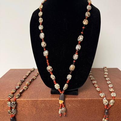 3 Vintage African Bead Necklace( Cream, Brown, Brick Red) 2 Vintage African Necklace (brown, Black