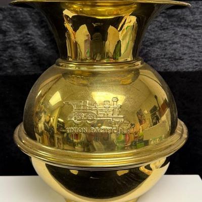 Antique BRASS SPITTOON "UNION PACIFIC R.R." Double-Sided EMBOSSED RA