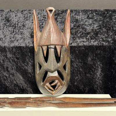 Kwele African Mask and Hand Carved African Spears 