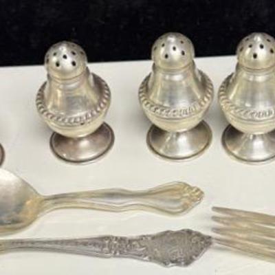 6 Sterling Silver Salt and Pepper Shakers, 2 Sterling Silver Spoons, 1 Sterling Silver Fork