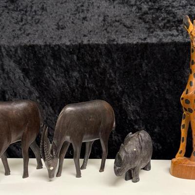 Hand Craved Wooden Sculpture African Antelope, Rhinoceros and Gariffe 