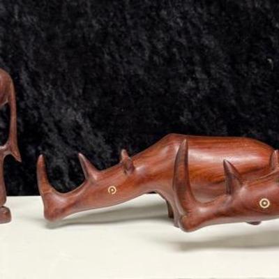 Vintage African Hand Carved (2)Rhinos And Antelope 